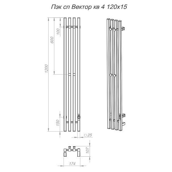 Полотенцесушитель электрический Тругор Пэк сп Вектор кв 4 П4 150х1200 мм (подключение справа) 00-00047112, графит - фото 3