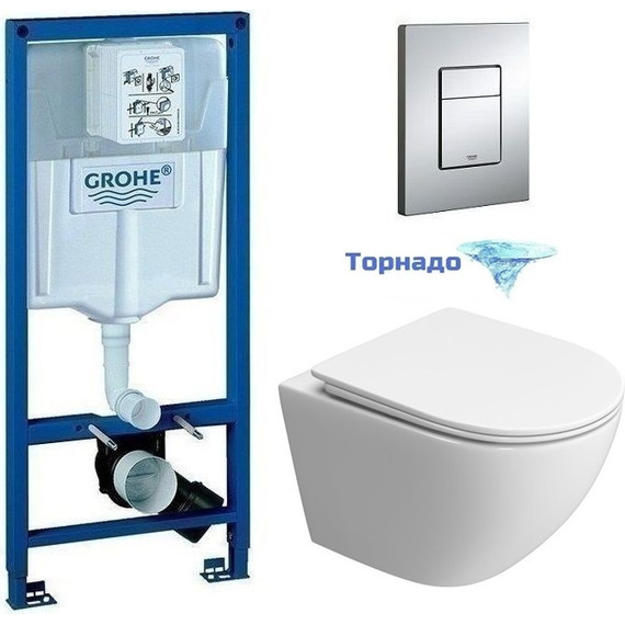 Инсталляция с подвесным унитазом комплект: Grohe Rapid SL 38772001 с подвесным безободковым унитазом BelBagno Uno-Tor BB5177CH-TOR/SC сиденье микролифт, крепление, кнопка смыва хром (Система смыва торнадо) - фото 