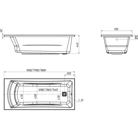 Ванна акриловая 1Marka Prime 170x75 см, Размер - мм: 1700х750 - фото 10