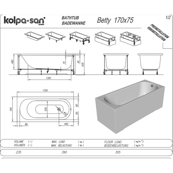 Ванна акриловая Kolpa-San Betty 170х75 см, Размер - мм: 1700х750 - фото 3