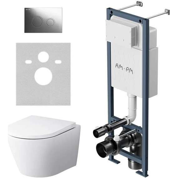 Инсталляция с подвесным унитазом комплект: Am.Pm ErgoFit FlashClean IS110151.741701 с подвесным безободковым унитазом, сиденье микролифт, кнопка смыва хром - фото 