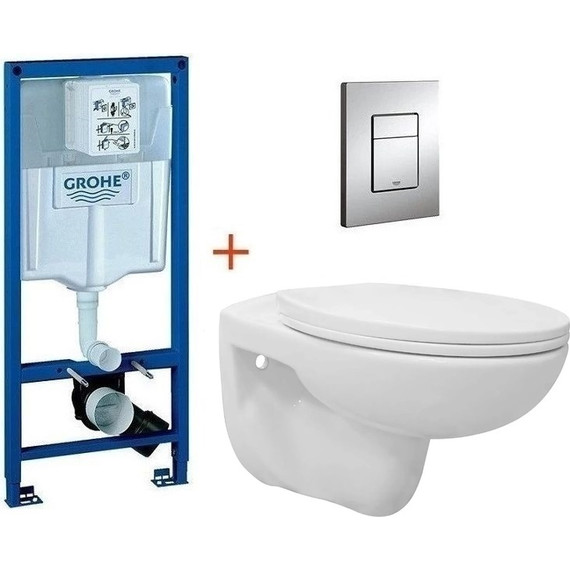 Инсталляция с подвесным унитазом комплект: Grohe Rapid SL 38772001 с подвесным безободковым унитазом Loranto Fredo CS-WH8005 сиденье микролифт, крепление, кнопка смыва хром - фото 