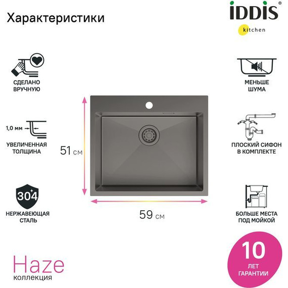 Кухонная мойка Iddis Haze HAZ59GMi77, графит матовый - фото 5