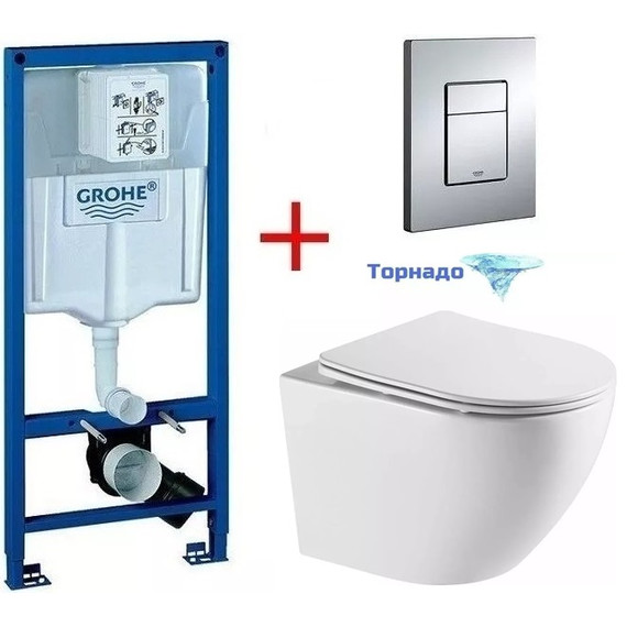 Инсталляция с подвесным унитазом комплект: Grohe Rapid SL 38772001 с подвесным безободковым унитазом Azario Grado AZ-0046-UQ1 сиденье микролифт, крепление, кнопка смыва хром (система смыва Торнадо) - фото 2