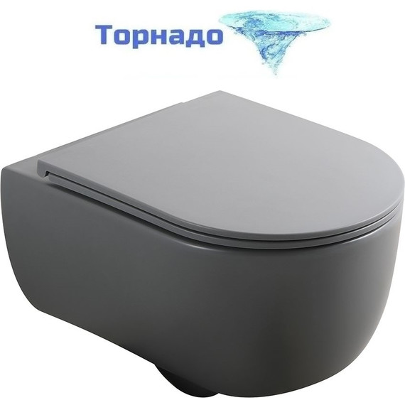 Унитаз подвесной безободковый Veconi Rino VRI-49TGR (Система смыва торнадо) с тонкой крышкой микролифт, серый матовый - фото 
