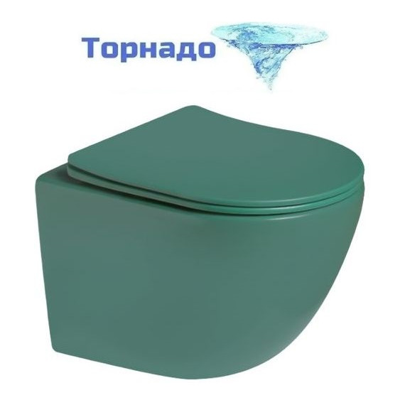 Унитаз подвесной безободковый SantiLine SL-5005T-G с тонкой крышкой микролифт (система смыва Торнадо) зелёный матовый - фото 