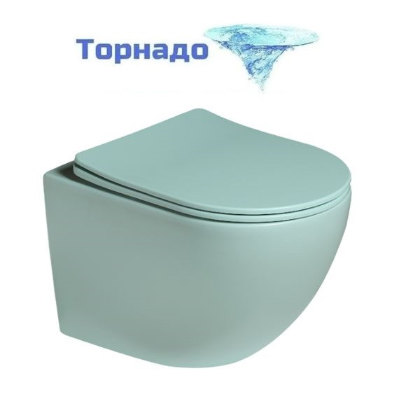 Унитаз подвесной безободковый SantiLine SL-5005T-LG с тонкой крышкой микролифт (система смыва Торнадо) светло-зелёный матовый - фото 