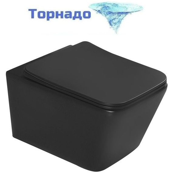 Унитаз подвесной безободковый SantiLine SL-5007T-MB с тонкой крышкой микролифт (система смыва Торнадо) чёрный матовый - фото 