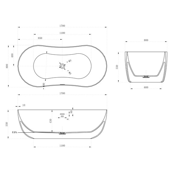 Ванна отдельностоящая Abber Stein 170x80 см AS9604, белый матовый - фото 11