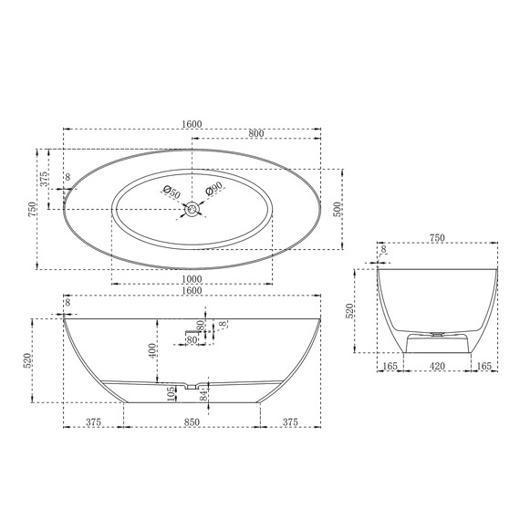 Ванна отдельностоящая Abber Stein 160x75 см AS9625-1.6, белый матовый, Размер - мм: 1600х750 - фото 13