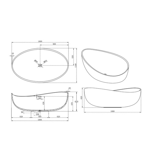 Ванна отдельностоящая Abber Stein 180x110 см AS9639, белый матовый - фото 10
