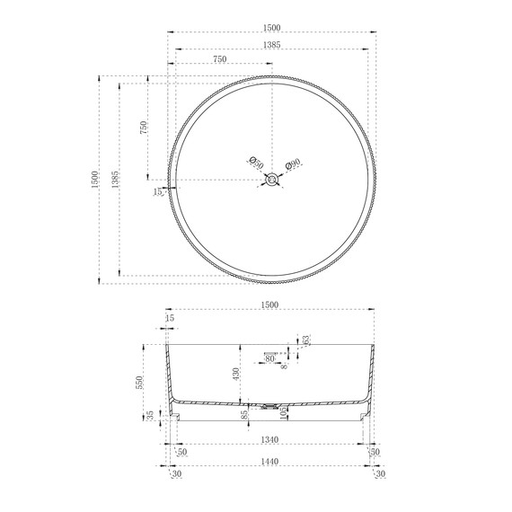 Ванна отдельностоящая Abber Stein 150x150 см AS9679, белый матовый - фото 12
