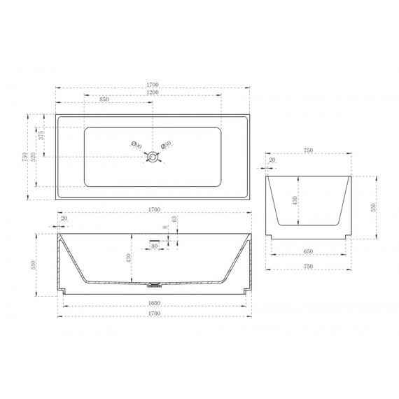 Ванна отдельностоящая Abber Stein 170x75 см AS9602 - фото 12