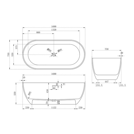 Ванна отдельностоящая Abber Stein 160x75 см AS9613-1.6, Размер - мм: 1600х750 - фото 11