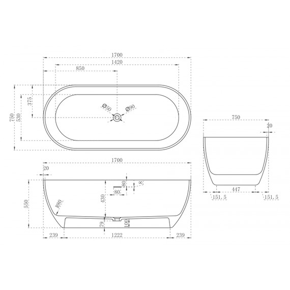 Ванна отдельностоящая Abber Stein 170x75 см AS9613-1.7, белый матовый, Размер - мм: 1700х750 - фото 10