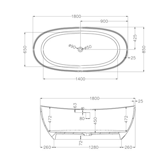 Ванна каменная Abber Stein 180x85 см AS9615-1.8, белый матовый, Размер - мм: 1800х850 - фото 11