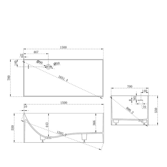 Ванна каменная Abber Stein 150x70 см AS9640-1.5, белый матовый, Размер - мм: 1500х700 - фото 11