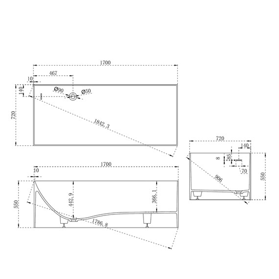 Ванна каменная Abber Stein 170x72 см AS9640-1.7, белый матовый, Размер - мм: 1700х700 - фото 10