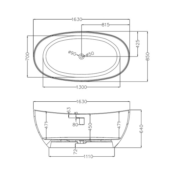 Ванна каменная Abber Stein 163x85 см AS9615-1.6, белый матовый, Размер - мм: 1650х850 - фото 11