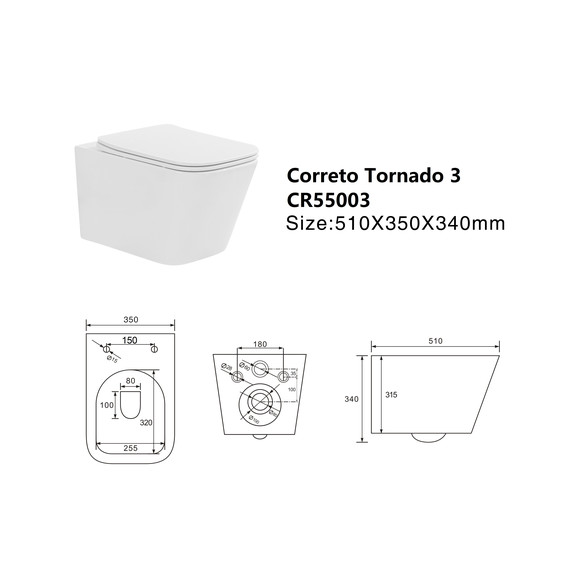 Унитаз подвесной безободковый Taliente Correto Tornado 3 CR55003 с крышкой микролифт (система смыва Торнадо) - фото 7