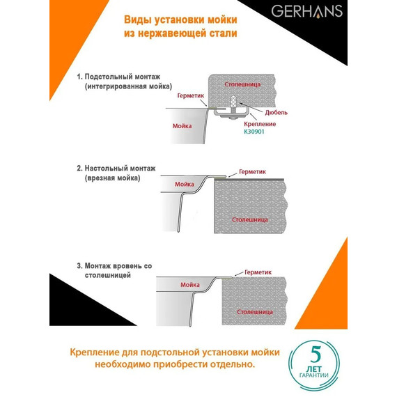 Кухонная мойка Gerhans K37851-L 1 мм, нержавеющая сталь L, Цвет производителя: нержавеющая сталь - фото 5