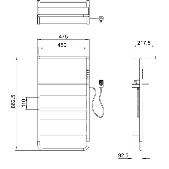 Полотенцесушитель электрический Wonzon & Woghand Düsseldorf с полкой П7 450x862 мм WW-A208-MB, чёрный - фото 4