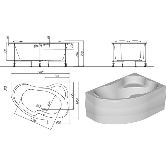 Ванна акриловая Kolpa-San Lulu 170x100 см L, Размер - мм: 1700х1000 - фото 5