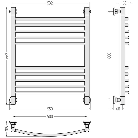 Полотенцесушитель водяной Сунержа Богема+ П10 500x660 мм (выгнутая перемычка) 022-0221-6050, шампань матовый - фото 3