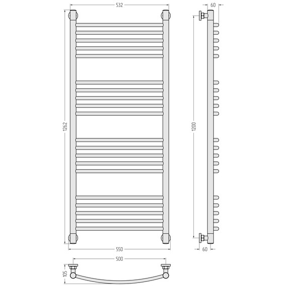 Полотенцесушитель водяной Сунержа Богема+ П20 500x1260 мм (выгнутая перемычка) 00-0221-1250, хром - фото 3