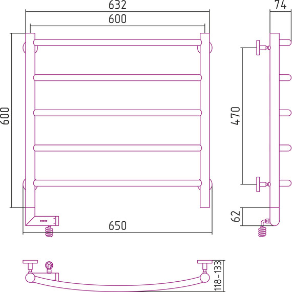 Полотенцесушитель электрический Сунержа Галант 2.0 П5 600x600 мм 00-5200-6060 L - фото 5