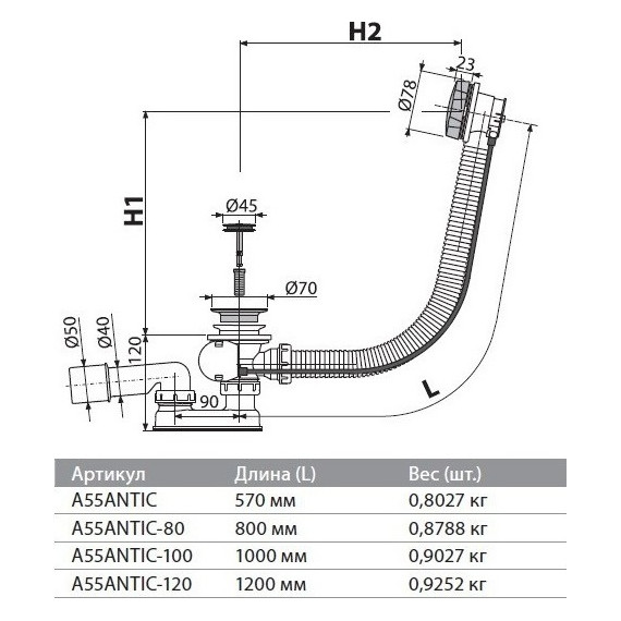 Сифон для ванны AlcaPlast A55 ANTIC-80 металл - фото 3