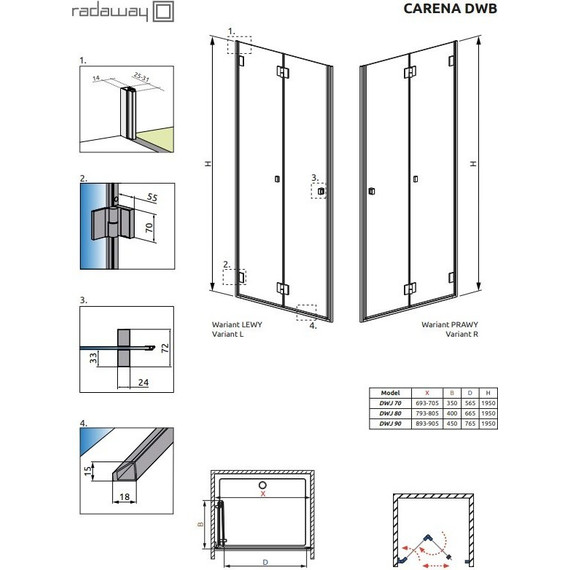 Душевая дверь Radaway Carena DWB 80 см L/R, хром/прозрачное - фото 3