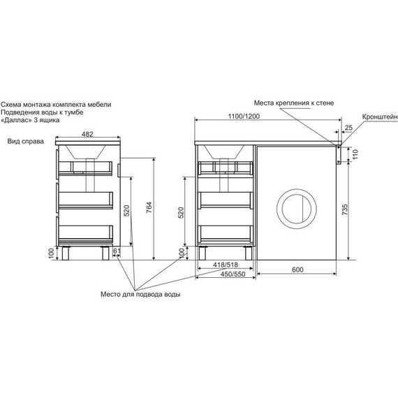 Тумба напольная с раковиной-столешницей Эстет Dallas Luxe 120 см R, 3 ящика ФР-00001923 - фото 4