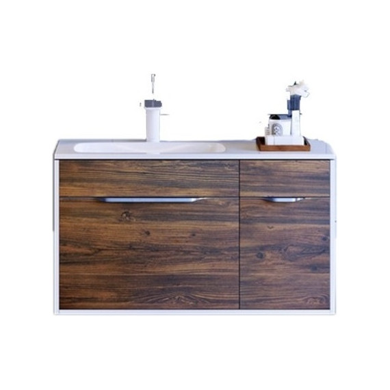 Тумба подвесная с раковиной Aqwella Malaga 90 см Mal.01.09/L/CD, белый/крафт, Цвет фасада: тёмное дерево - фото 