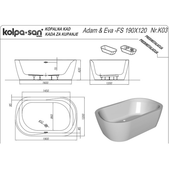 Ванна отдельностоящая Kolpa-San ADAM & EVA FS 190x120 см, Размер - мм: 1900х1200 - фото 3