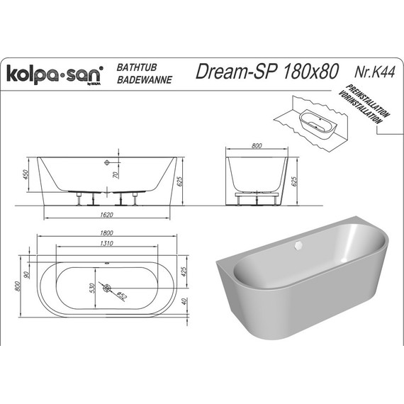 Ванна акриловая Kolpa-San Dream SP 180x80 см, Размер - мм: 1800х800 - фото 3