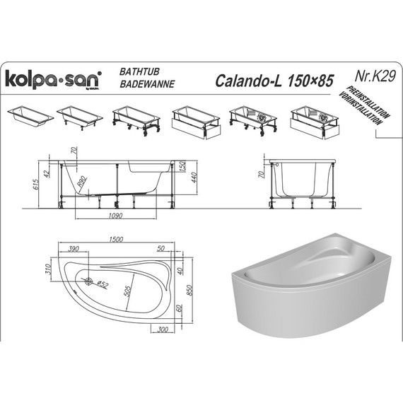 Ванна акриловая Kolpa-San Calando 150x85 см L, Размер - мм: 1500х850 - фото 5