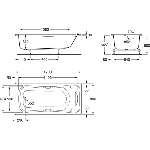 Ванна акриловая Roca BeCool 170х80 см ZRU9302852, Размер - мм: 1700х800 - фото 7