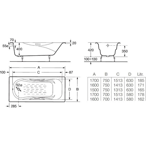 Ванна чугунная Roca Malibu 150x75 см 2315G000R с антискользящим покрытием - фото 5