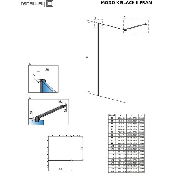 Душевая перегородка Radaway Modo X Black II Frame 120х200 см 389324-54-56 (стекло 10 мм), черный/прозрачное - фото 4