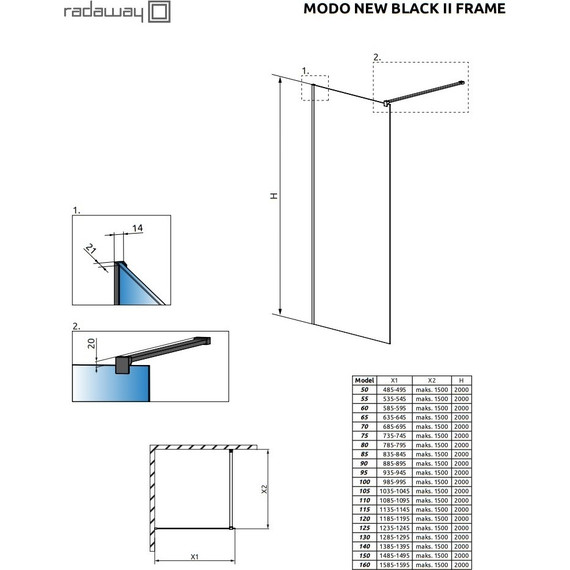 Душевая перегородка Radaway Modo New Black II Frame 110х200 см 389114-54-56 (стекло 8 мм), черный/прозрачное - фото 4