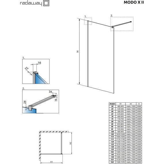 Душевая перегородка Radaway Modo X II 50х200 см 389254-01-01 (стекло 10 мм), хром/прозрачное - фото 6