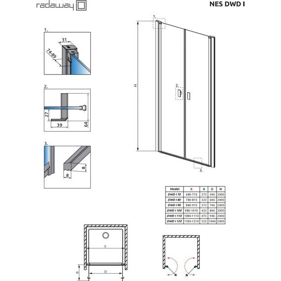 Душевая дверь Radaway Nes DWD I 70 см 10027070-01-01, хром/прозрачное - фото 8