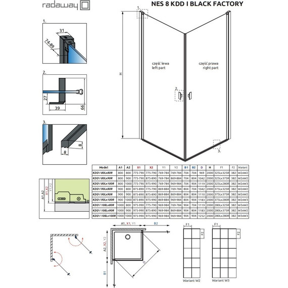 Душевое ограждение Radaway Nes 8 Black KDD I Factory 80х80 см (стекло 8 мм), черный/прозрачное - фото 6