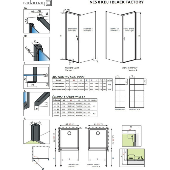 Душевое ограждение Radaway Nes 8 Black KDJ I Factory + S1 90х75 см L (стекло 8 мм), черный/прозрачное - фото 6