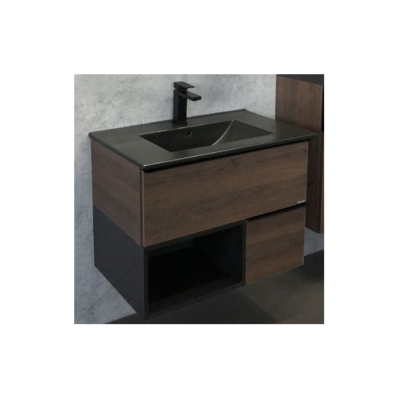 Тумба подвесная с раковиной Comforty Франкфурт 90 см (раковина 90E чёрная), дуб шоколадно-коричневый - фото 
