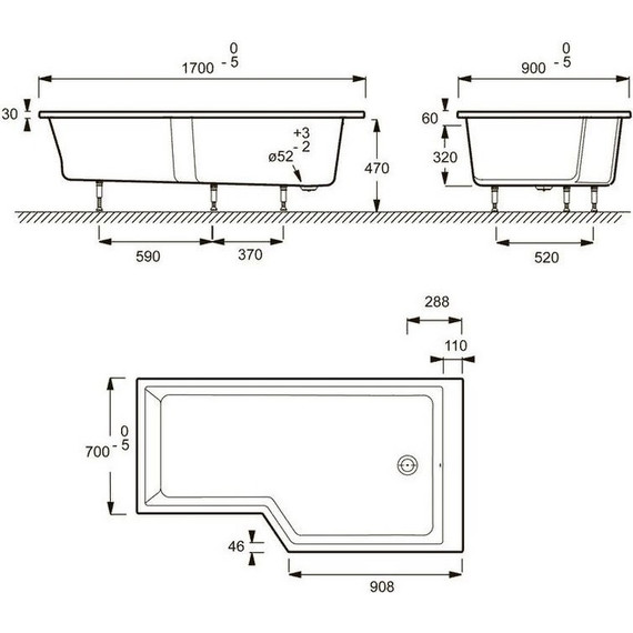 Ванна акриловая Jacob Delafon Bain Douche Neo 170х90 см R E6D002R-00 с ножками, Размер - мм: 1700х900 - фото 7