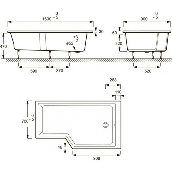 Ванна акриловая Jacob Delafon Bain Douche Neo 160х90 см R E6D000R-00 с ножками, Размер - мм: 1600х900 - фото 7