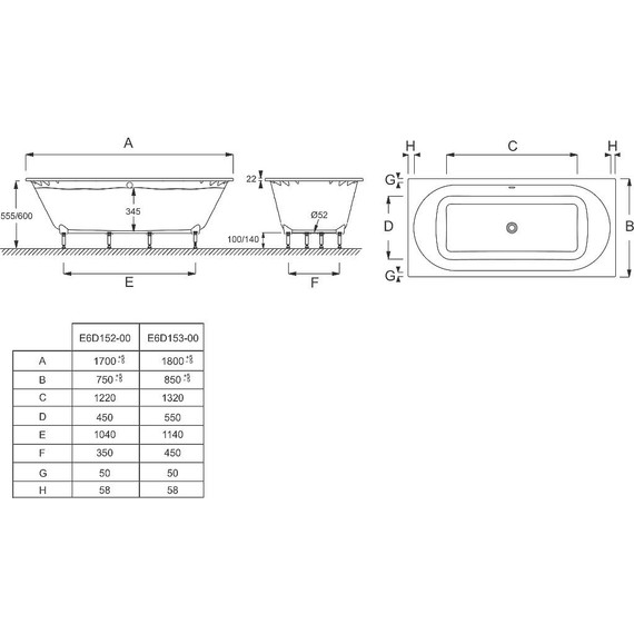 Ванна акриловая Jacob Delafon Odeon Rive Gauche 170х75 см E6D152-00 с ножками, Размер - мм: 1700х750 - фото 3