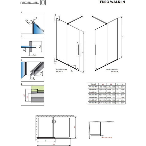 Душевая перегородка Radaway Furo Gold Walk-in 140х200 см 10106738-09-01L (стекло 8 мм), золото/прозрачное - фото 4